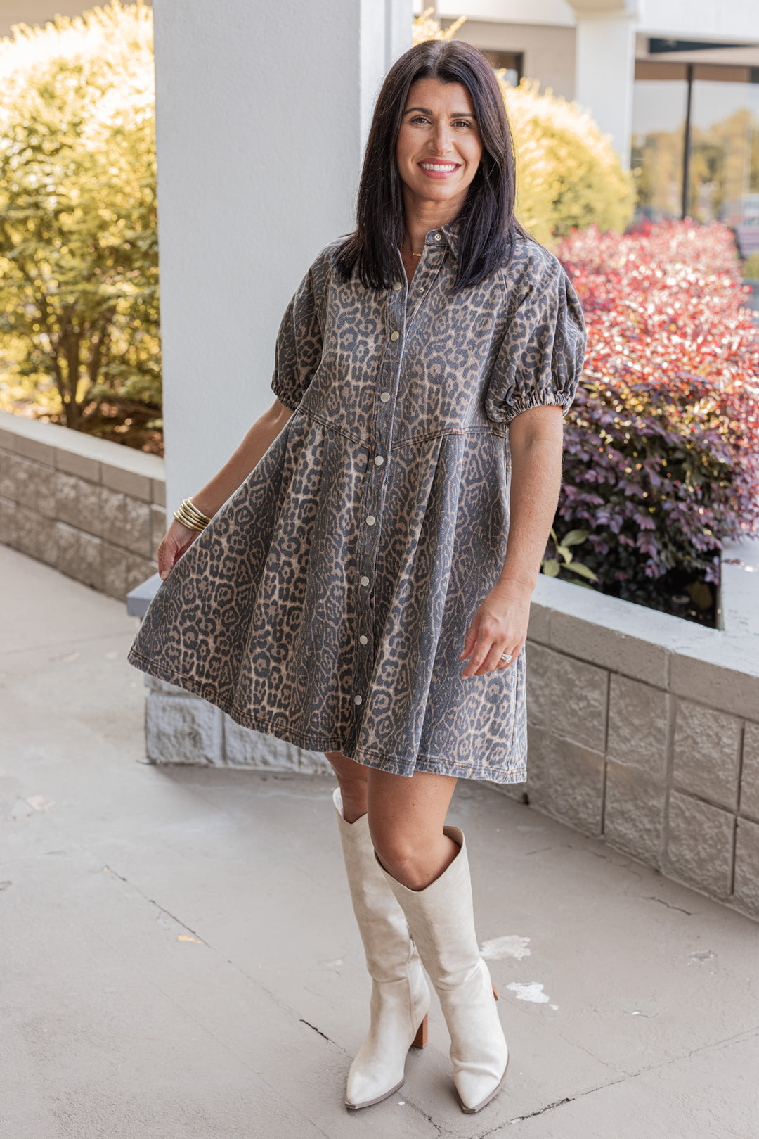 Brown and black washed denim animal print snap front dress with collar by Entro, perfect for date night