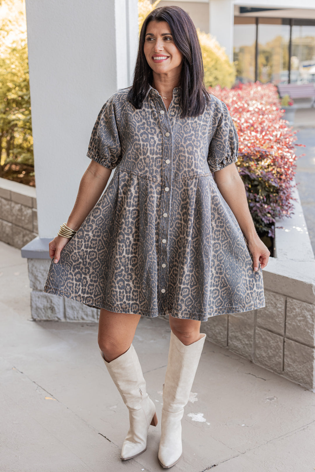 Brown and black washed denim animal print snap front dress with collar by Entro, perfect fall transition dress