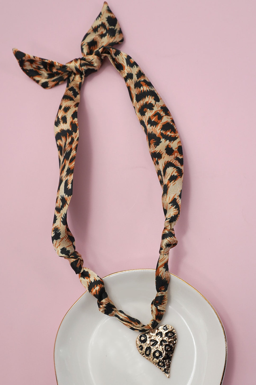 leopard print heart charm scarf necklace