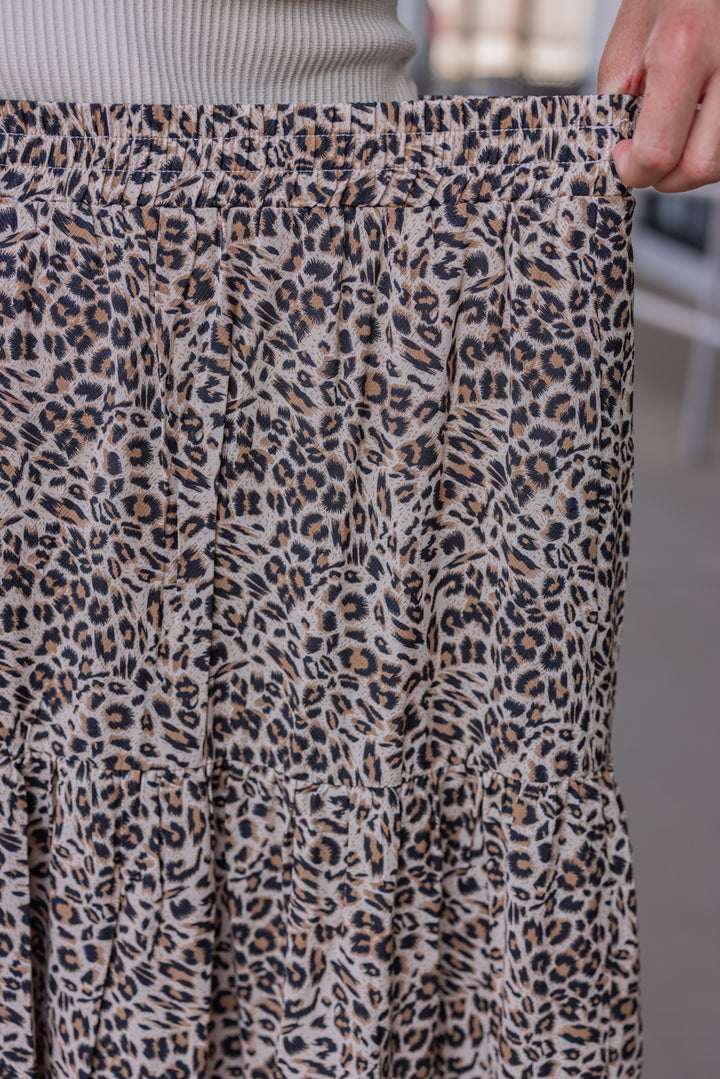 Women's taupe, black and brown leopard print tiered maxi skirt by Jodifl showing elastic waistband
