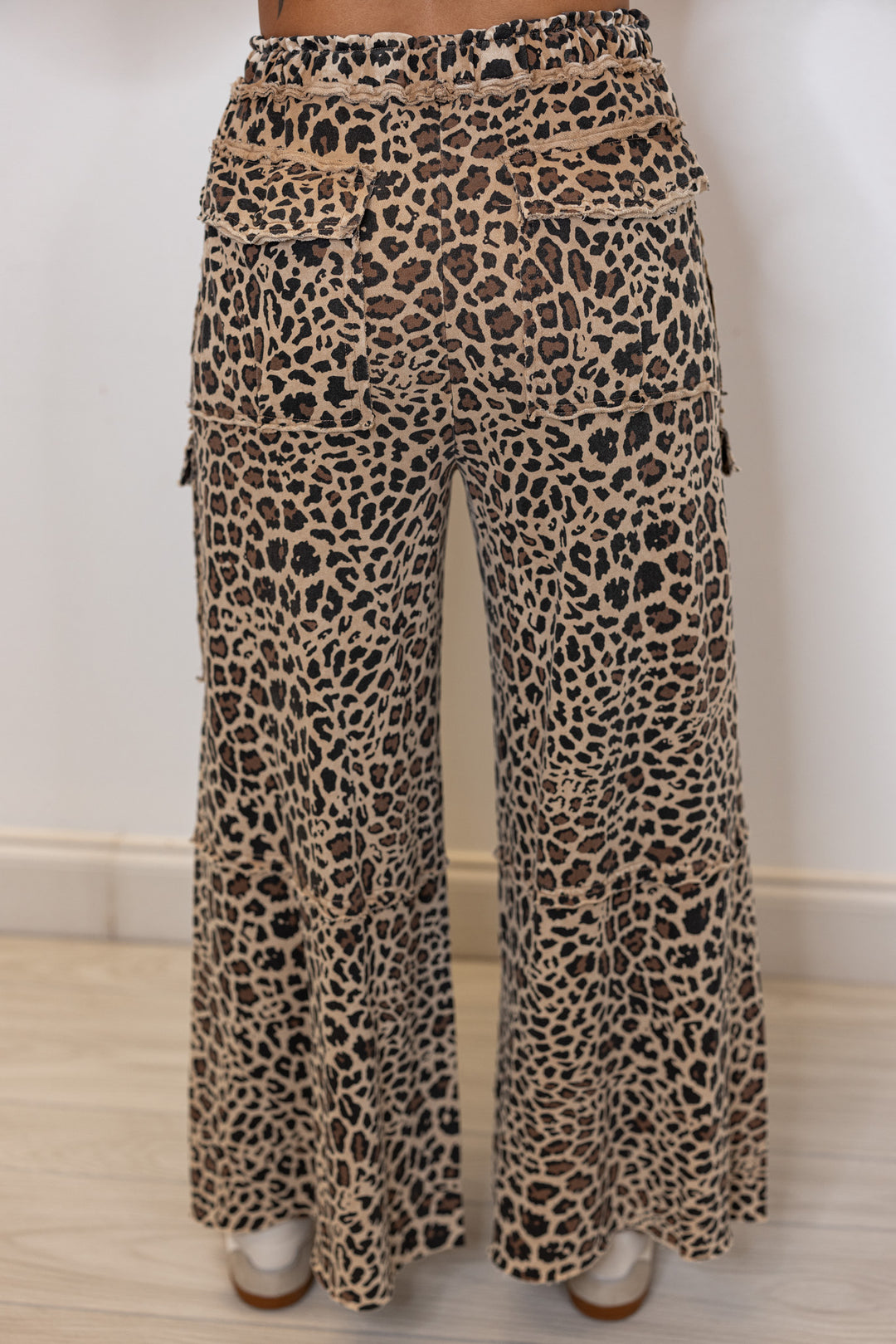 Women's mocha and black leopard print french terry knit wide leg pants by Easel showing up close back view