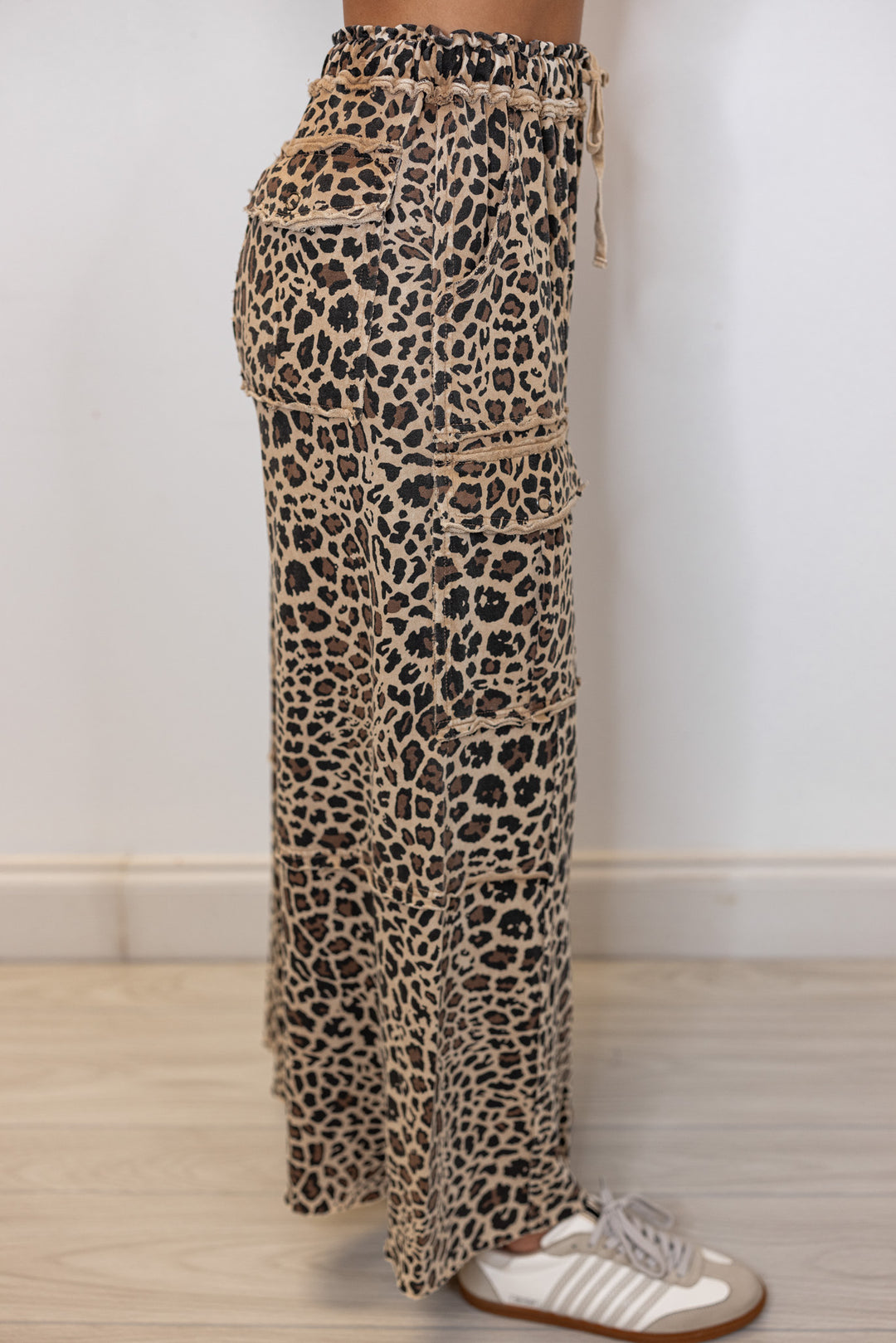 Women's mocha and black leopard print french terry knit wide leg pants by Easel showing up close side view