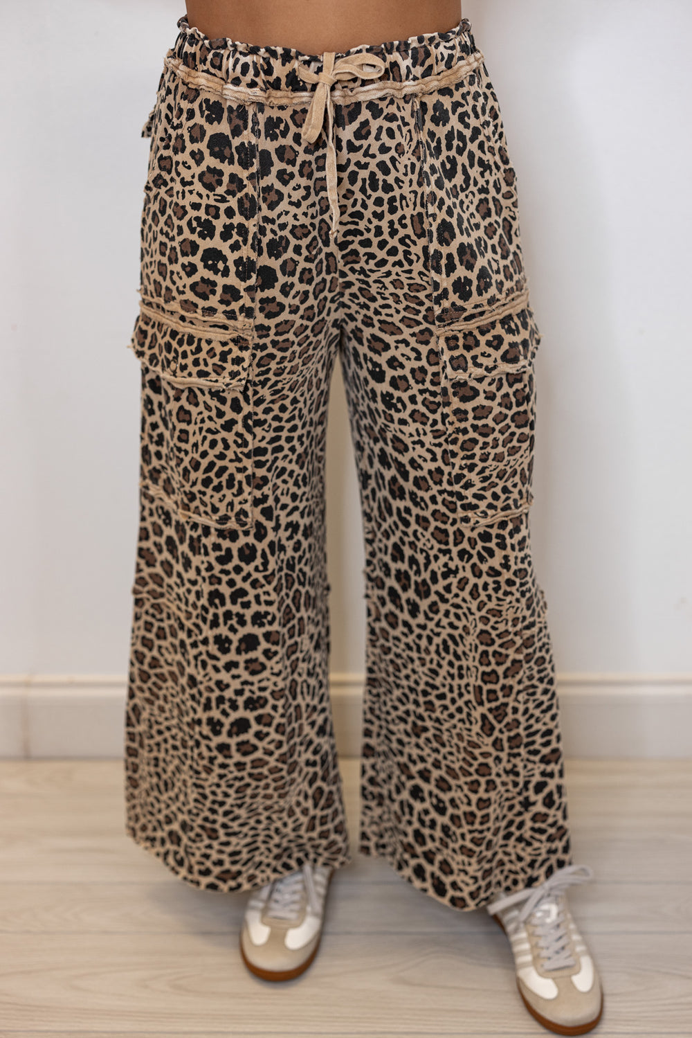 Women's mocha and black leopard print french terry knit wide leg pants by Easel showing up close front view