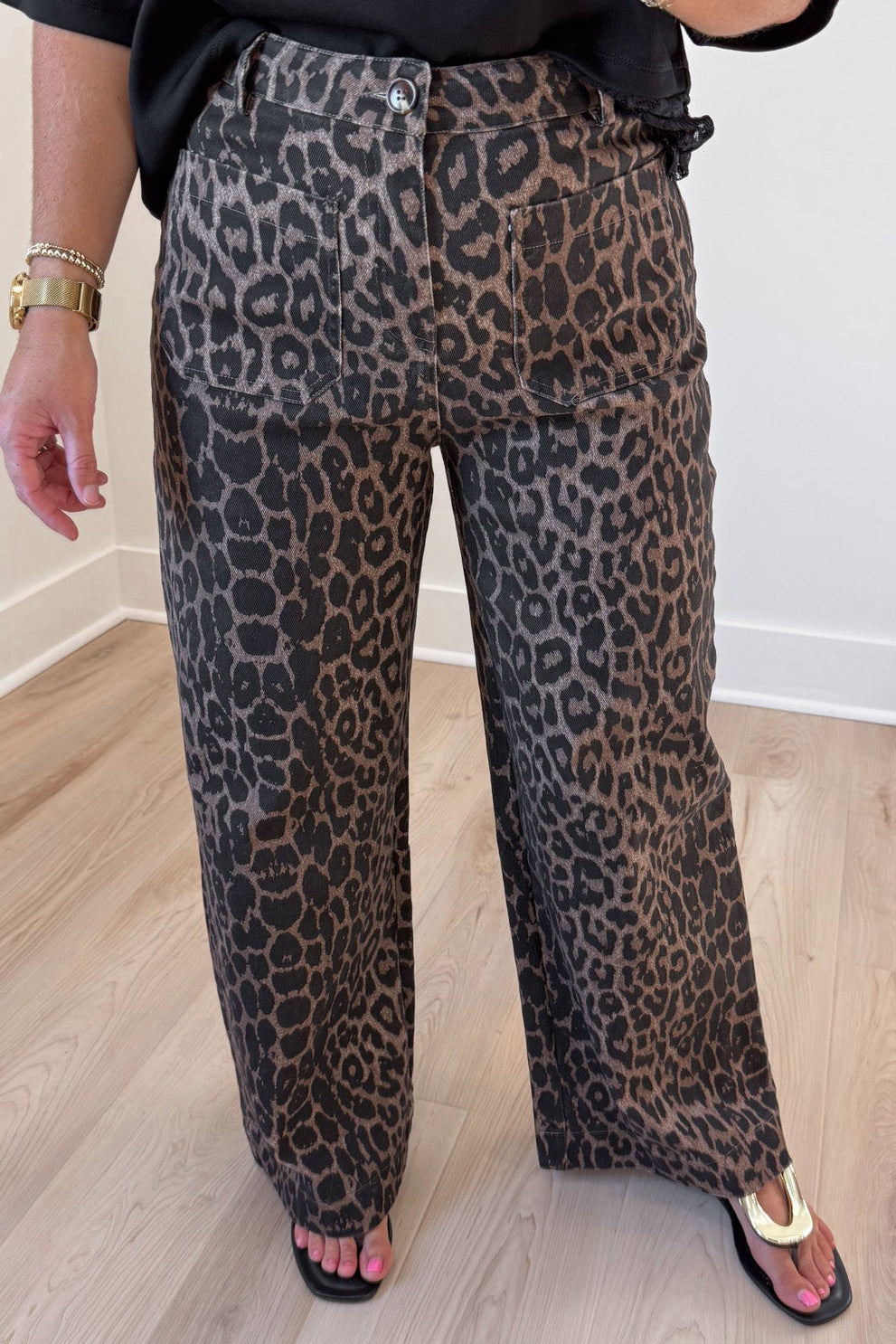 brown and black leopard print button zipper fly wide leg twill denim pants with belt loops