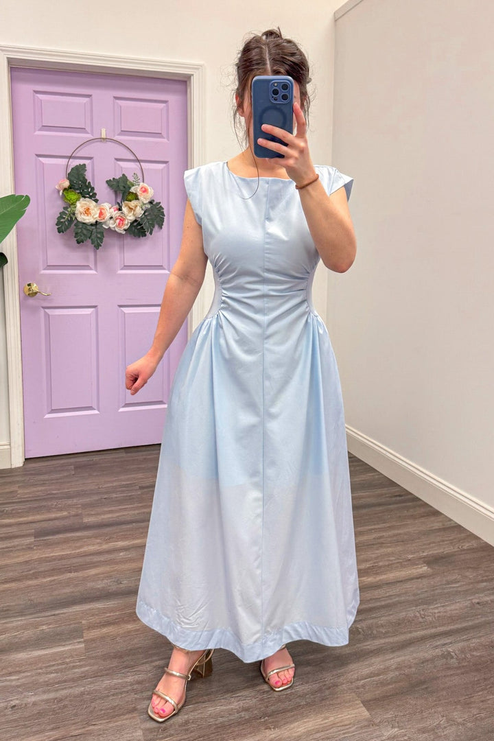 Women's light blue cinched panel waist midi dress