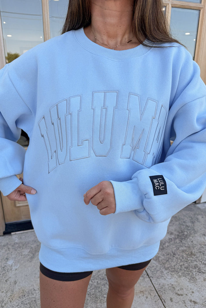 solid light blue combo embroidered lulu mac cuffed long sleeve sweatshirt