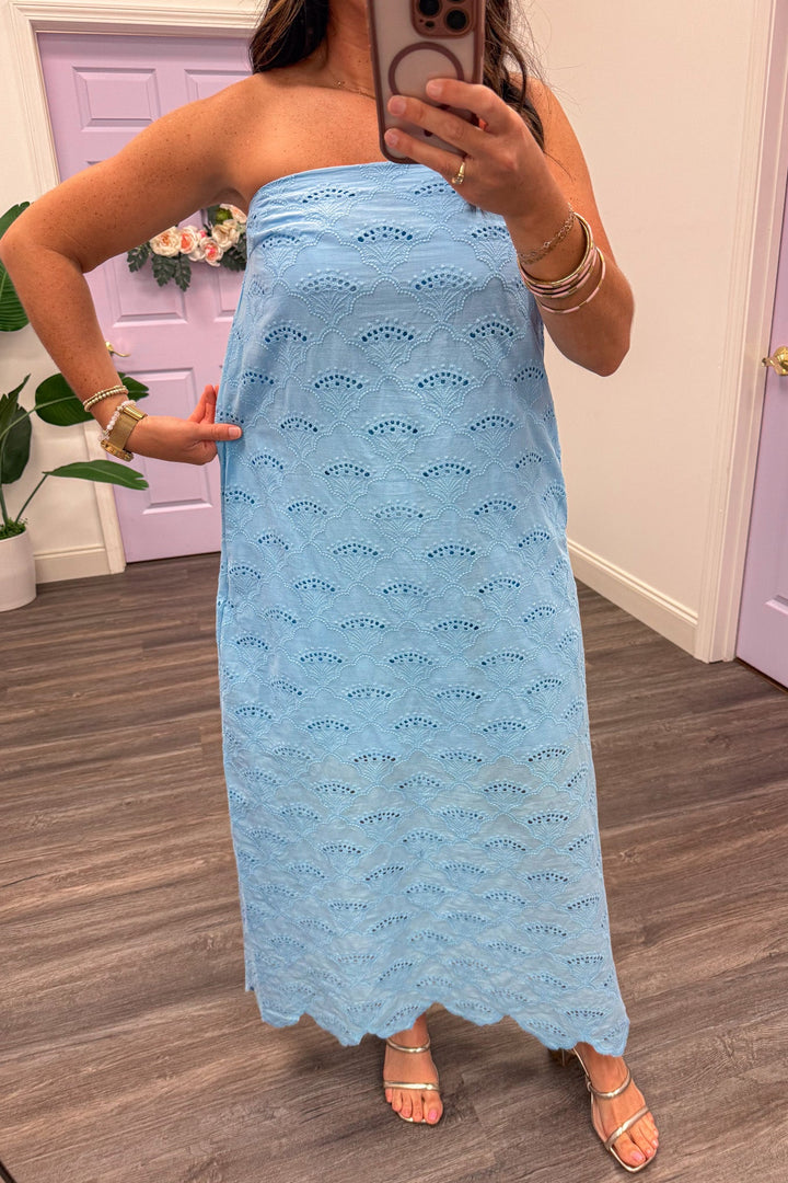 light blue embroidered eyelet detail strapless relaxed silhouette midi dress