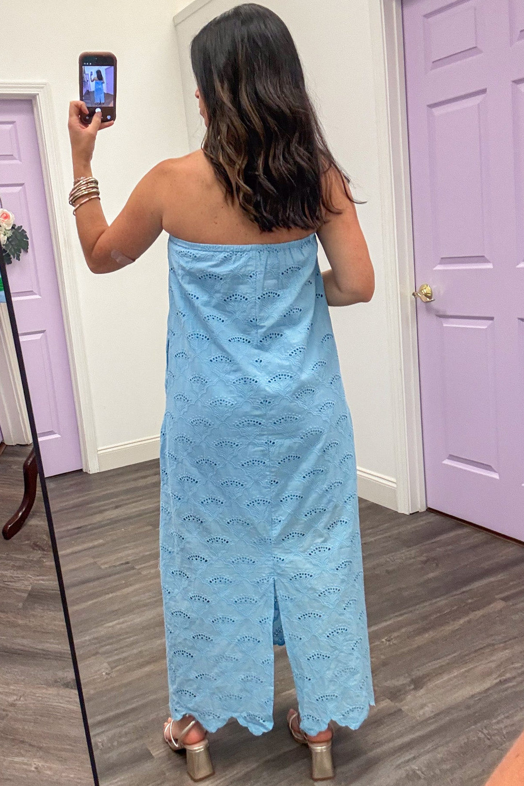 light blue embroidered eyelet detail strapless back slit midi dress