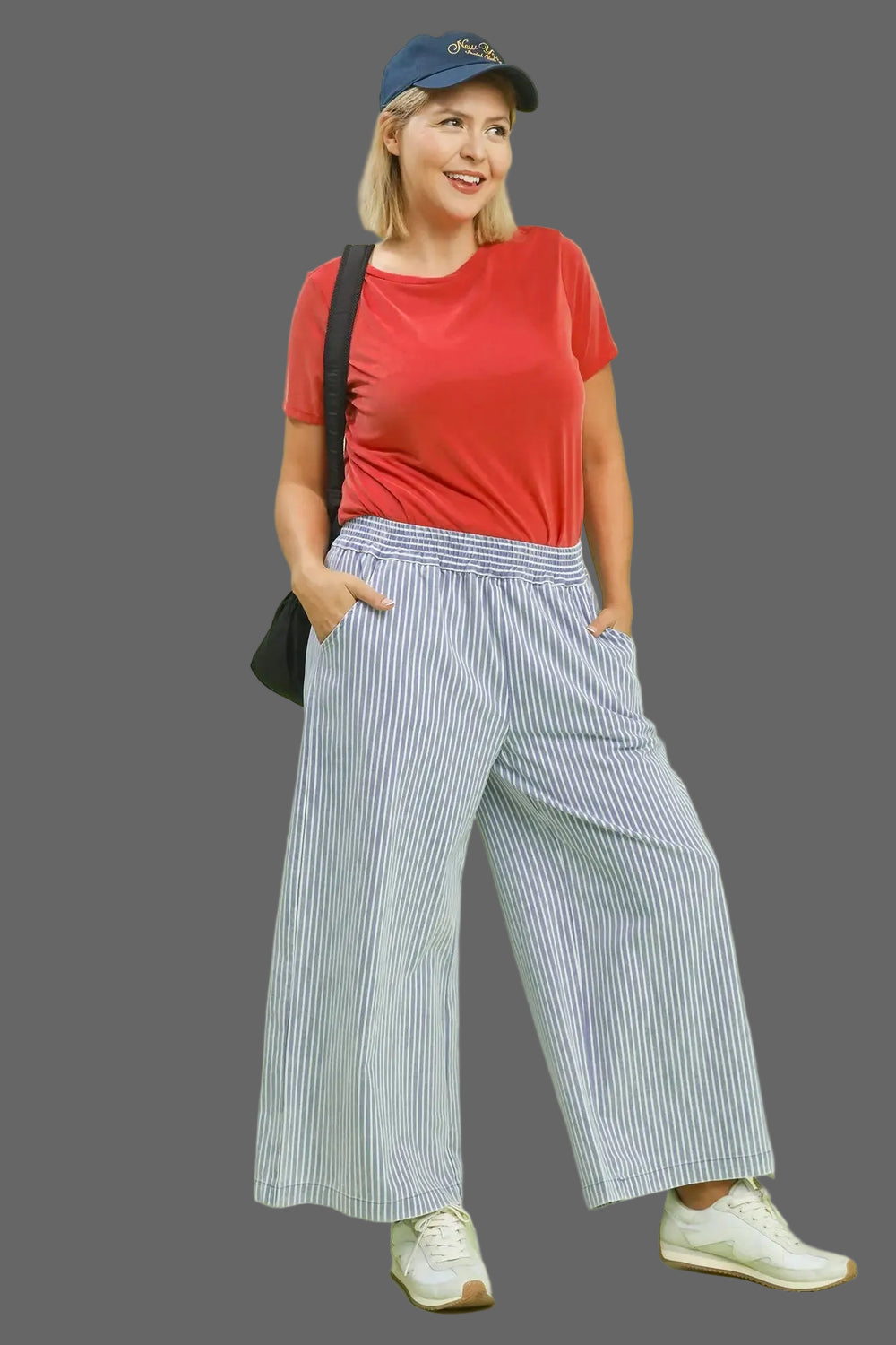 Umgee washed light blue and white striped twill pants in plus size