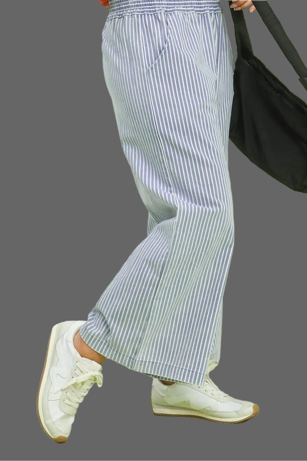 Umgee washed light blue and white striped twill pants in plus size with elastic waist and front pockets