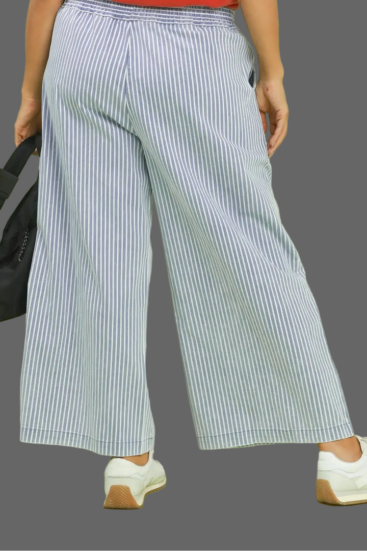 Umgee plus size washed light blue and white striped twill pants with wide legs