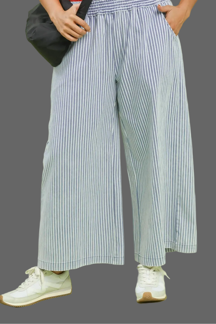Umgee washed light blue and white striped twill pants in plus size with a flattering fit