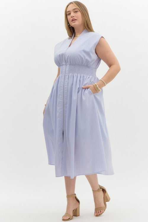 Entro Plus size Light blue midi dress with zipper front and a smocked waist