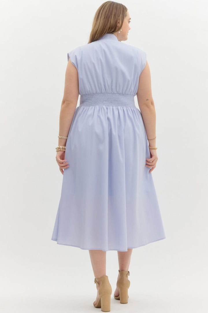 Entro Plus size Light blue midi dress with zipper front and a smocked waist