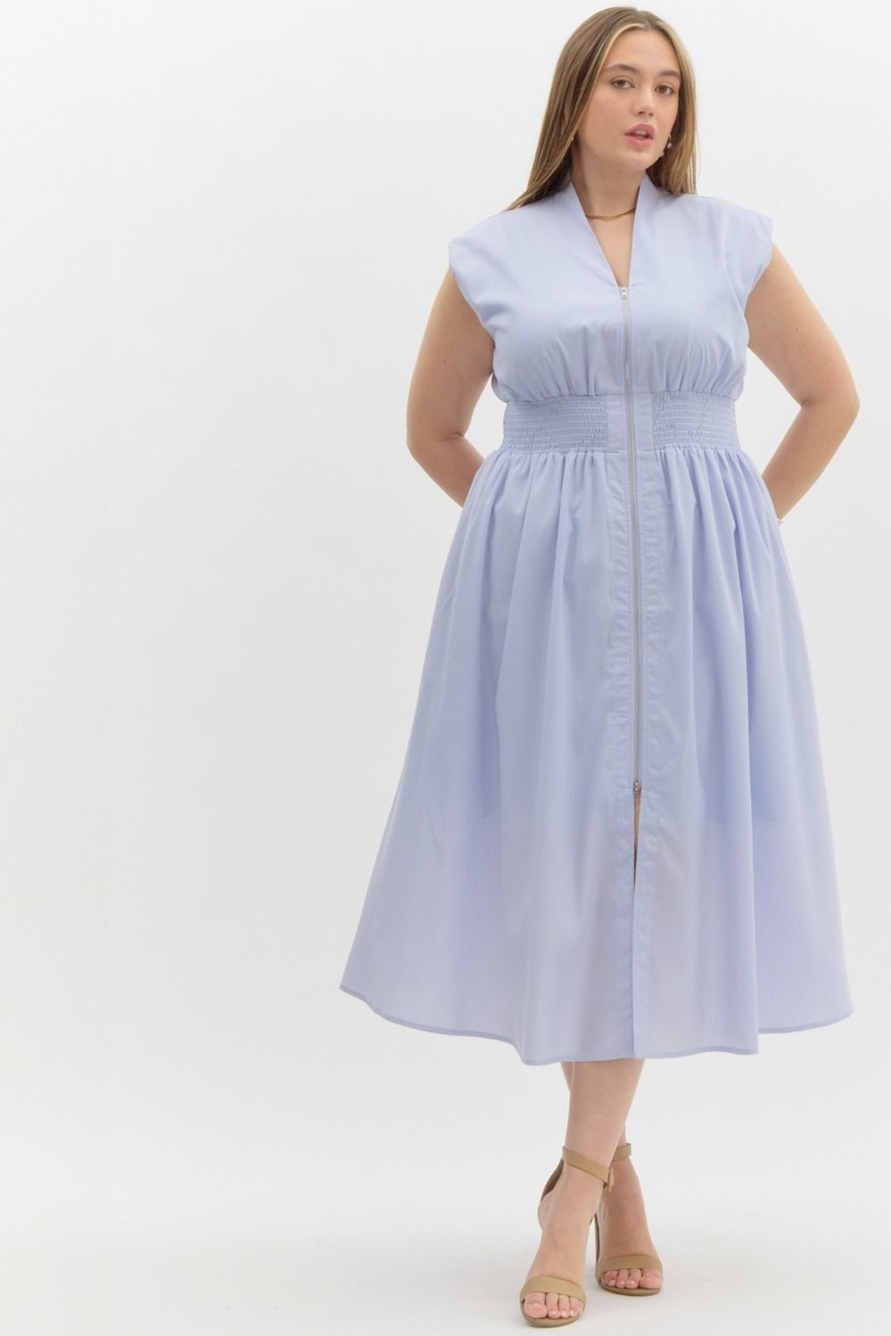 Entro Plus size Light blue midi dress with zipper front and a smocked waist