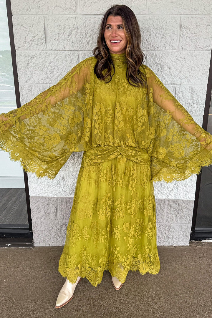solid light green floral print lace gathered waist maxi dress with wide flowy drape sleeves
