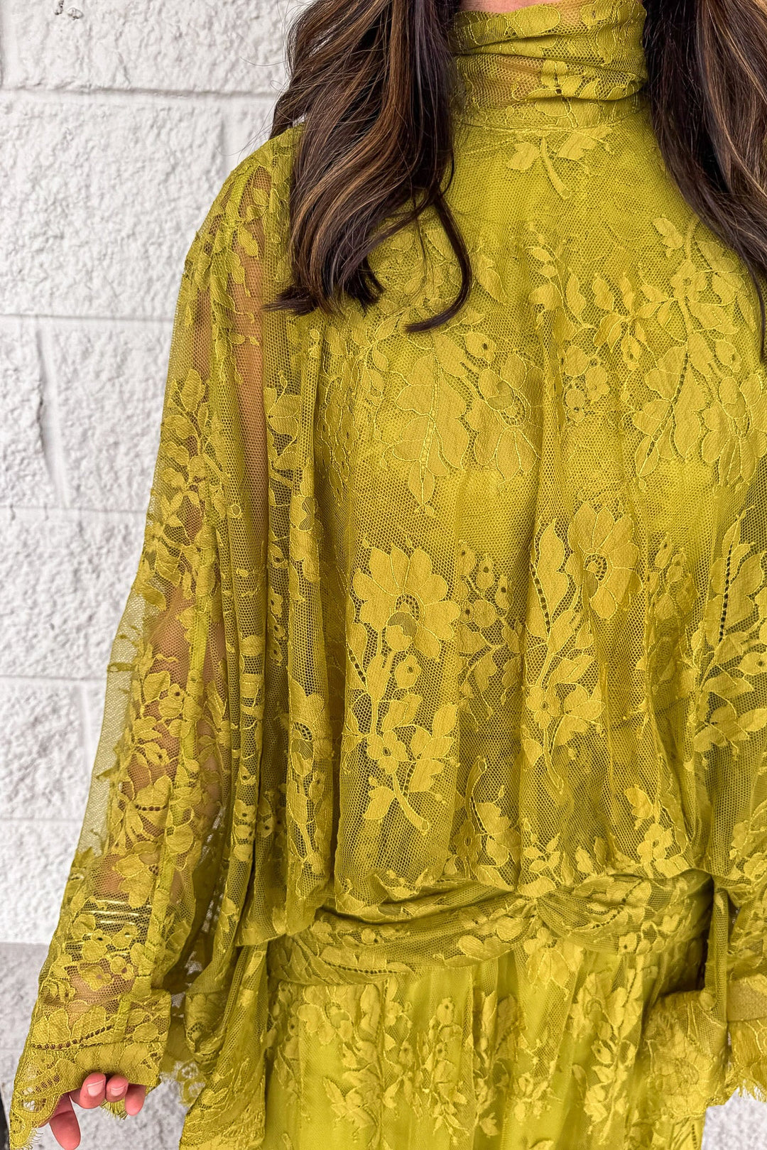 solid light green floral print lace mock neckline drape sleeve gathered waist maxi dress