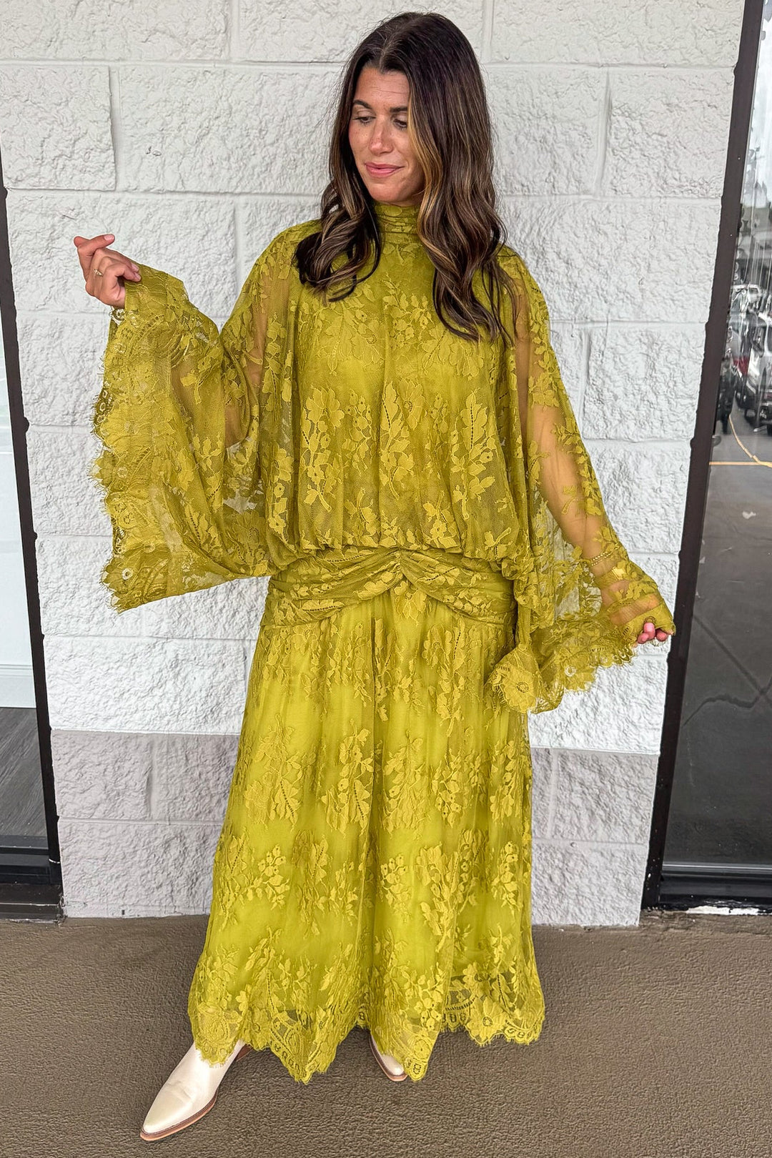 solid light green floral print lace drape sleeve gathered waist maxi dress