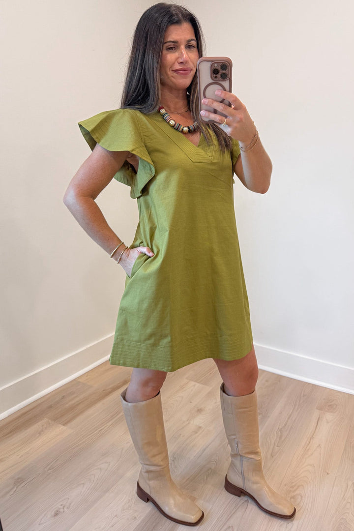 solid light olive green v neckline short flutter sleeve relaxed fit short dress with side pockets