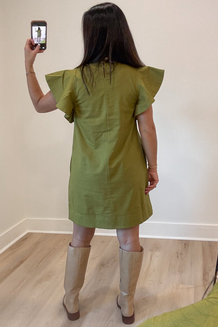 solid light olive green v neckline short flutter sleeve relaxed fit short dress with keyhole back button closure