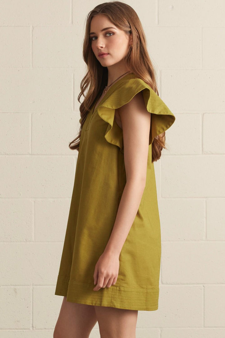 light olive solid short sleeve dress ruffle sleeve