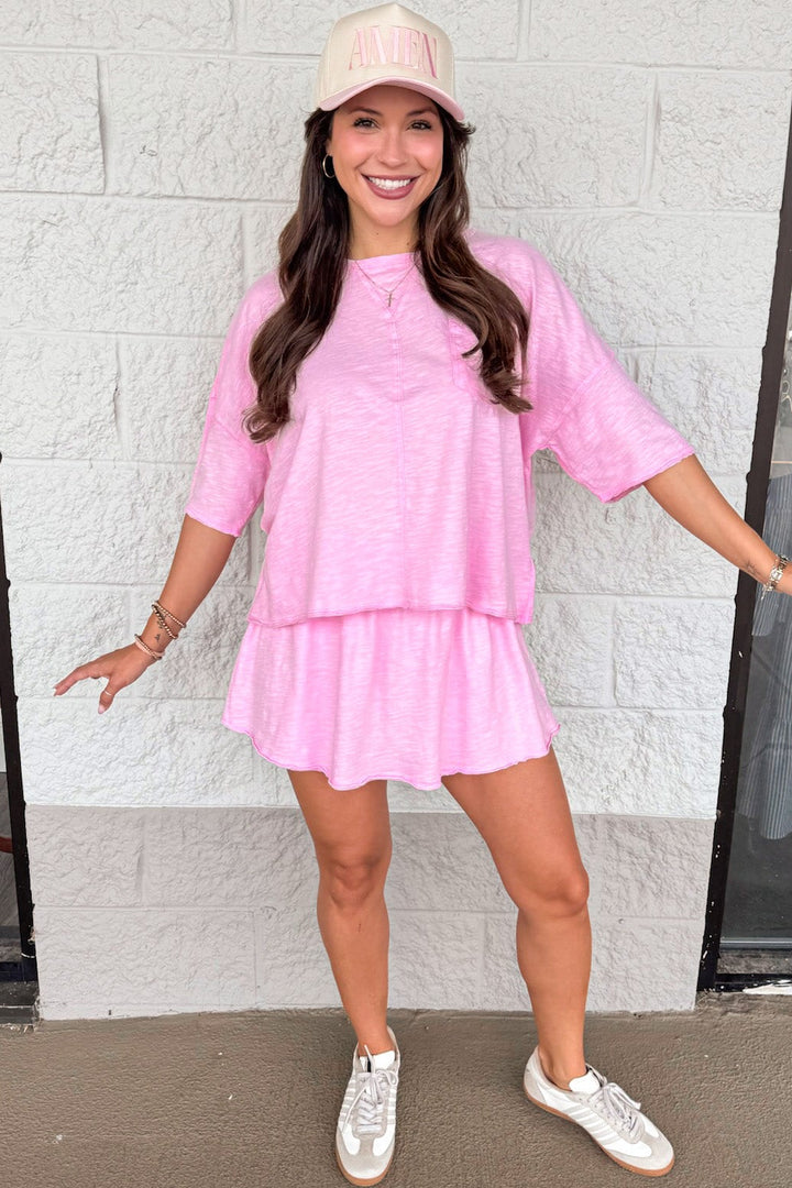 solid light pink reverse seam details top and skort knit matching cotton athleisure set