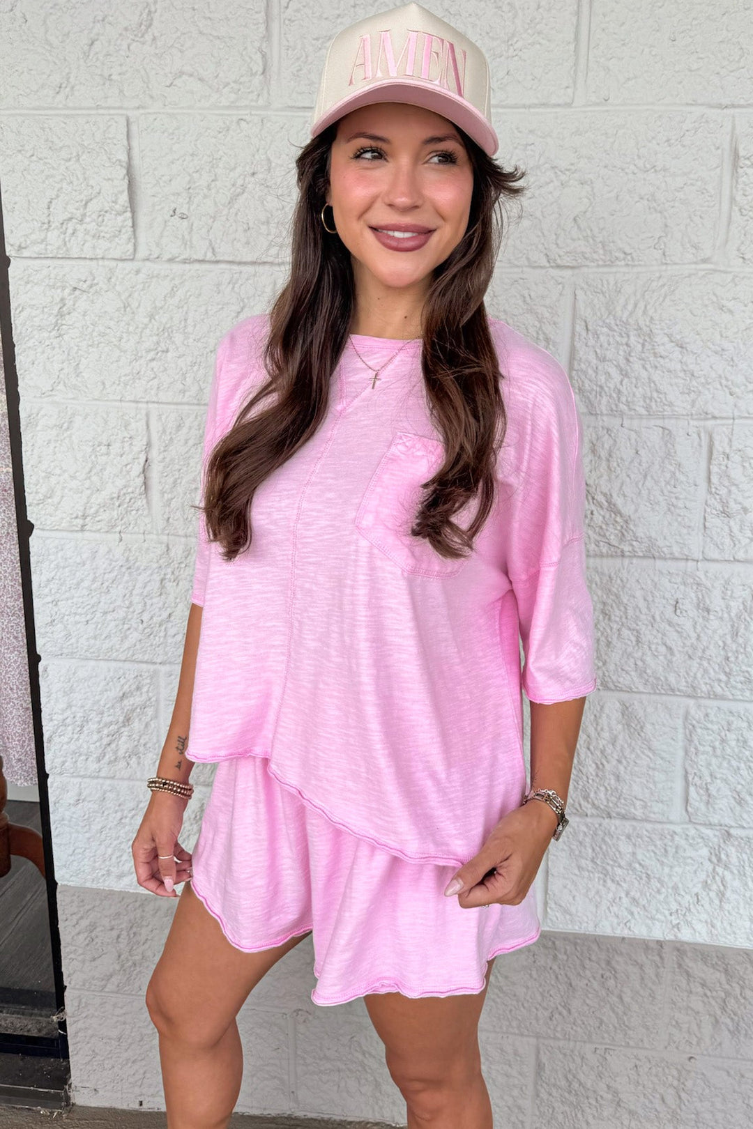 solid light pink front chest pocket top and skort knit matching athleisure set