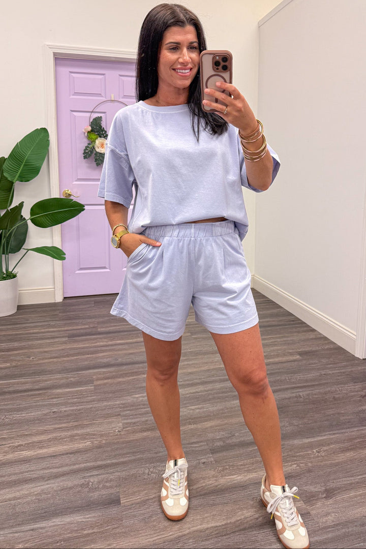 washed lavender elastic waist casual knit shorts
