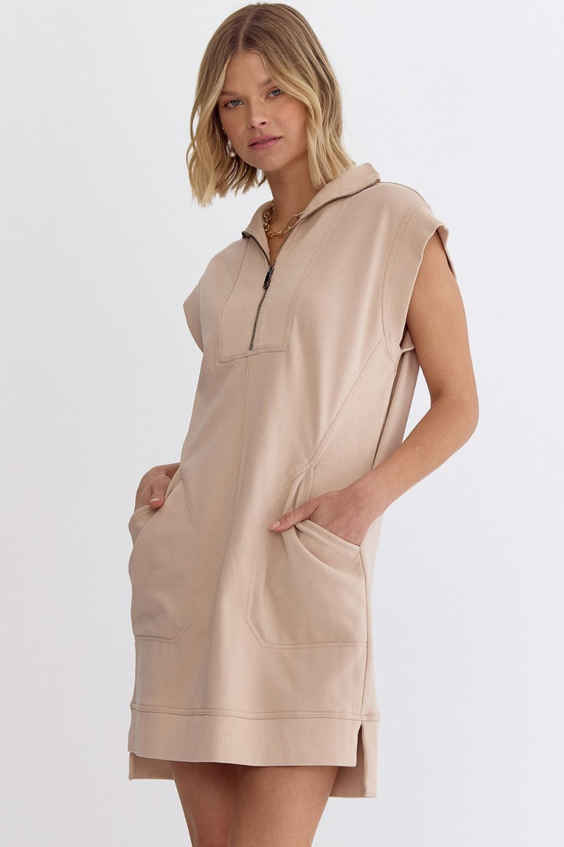 Entro Mineral washed light taupe half zip terry knit short sleeve sweatshirt dress