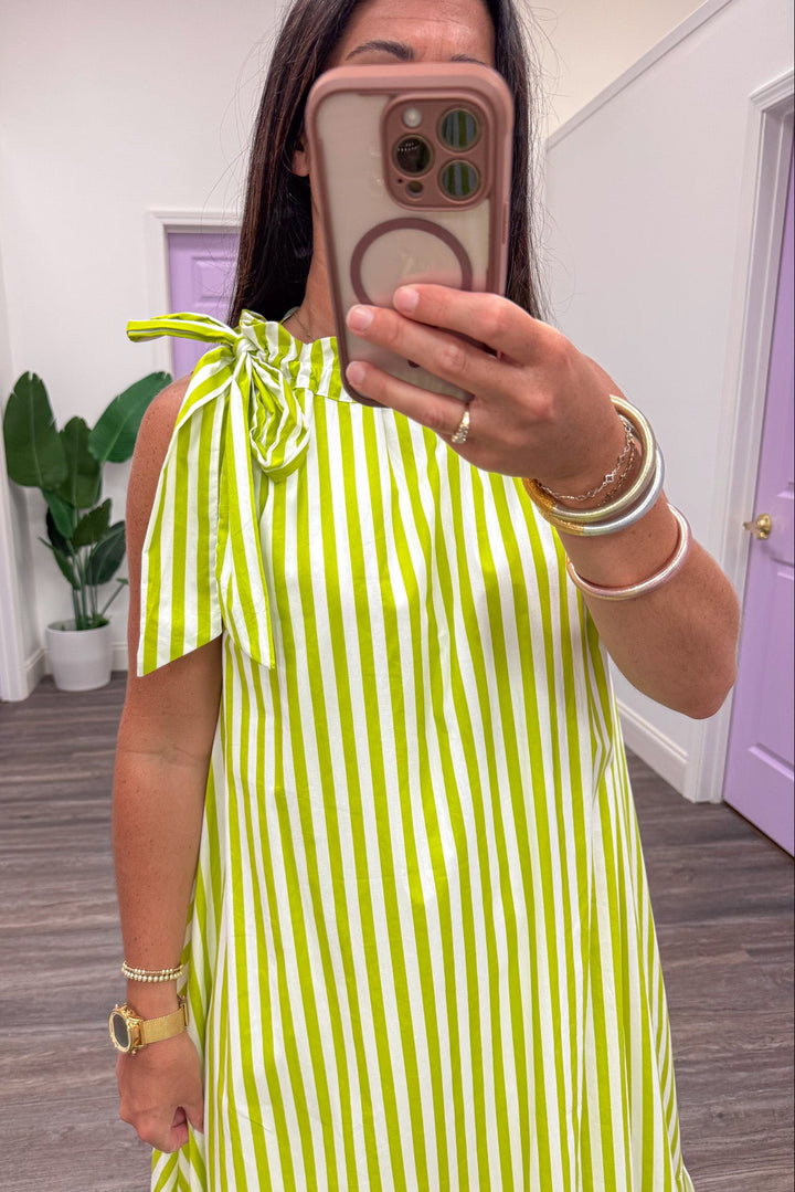 lime green and cream striped adjustable cinch mock neck sleeveless midi dress