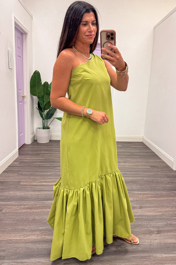 solid lime green sleeveless one shoulder ruffle tiered bottom hem maxi dress