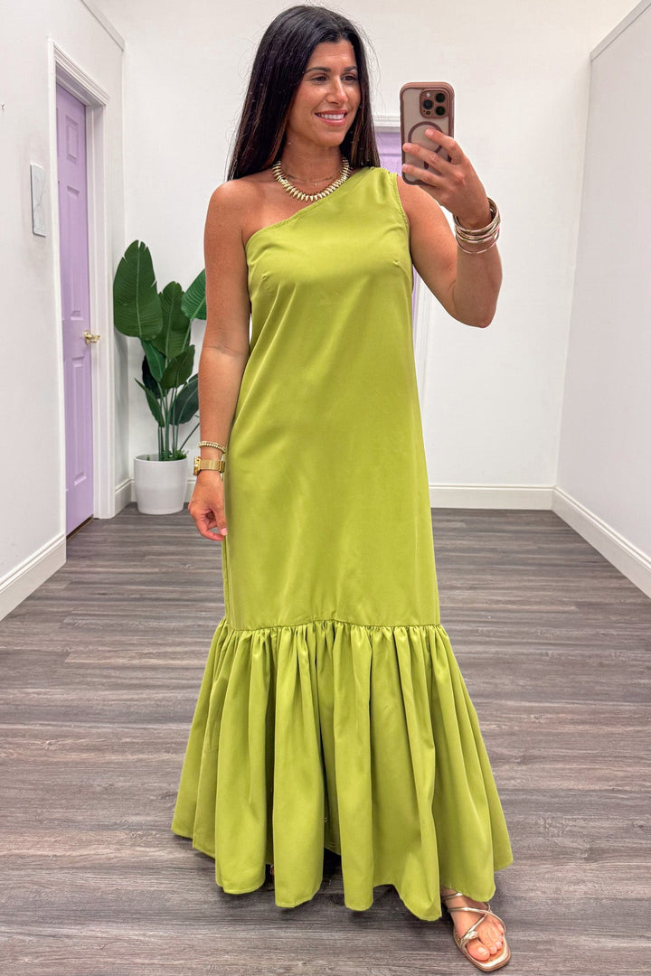 solid lime green sleeveless one shoulder ruffle hem maxi dress