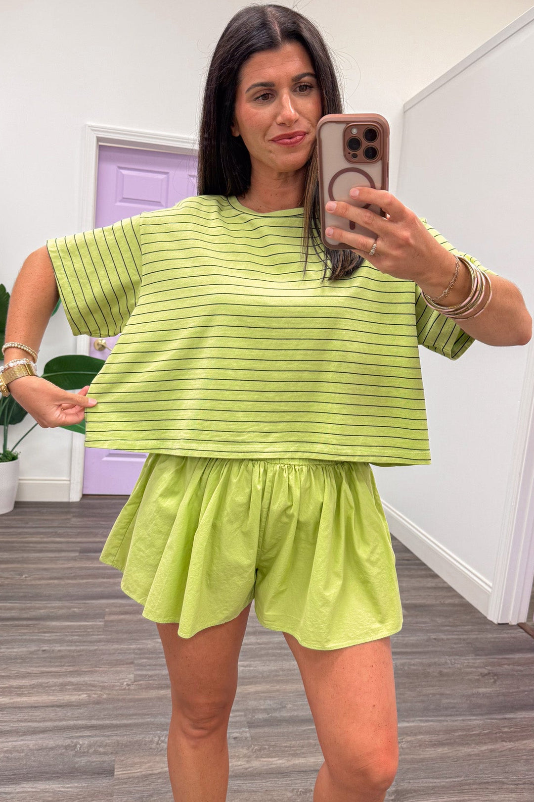 lime green striped knit short sleeve boxy fit top and solid ruffle trimmed cotton shorts set