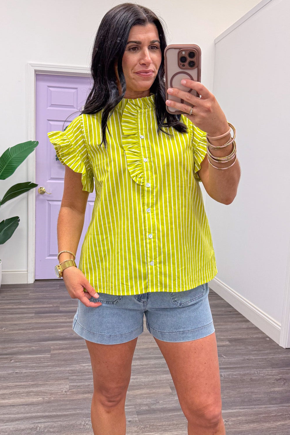 lime green and cream striped button front ruffle trim mock neck top