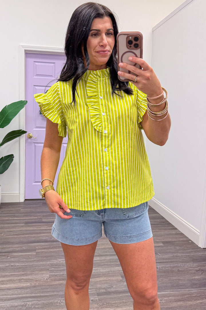lime green and cream striped button front ruffle trim mock neck top