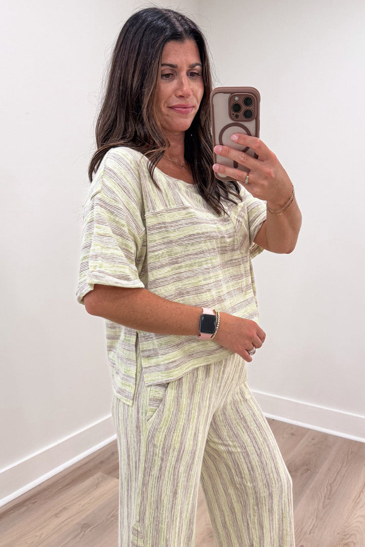 lime green and mocha striped short sleeve top and pants matching knit loungewear set