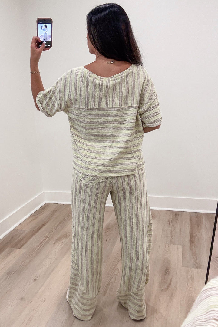 lime green and mocha striped top and wide leg pants matching knit loungewear set
