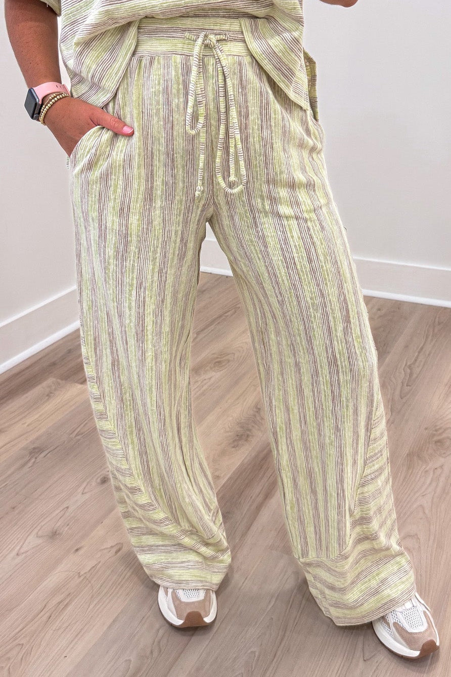 lime green and mocha striped top and drawstring pants matching knit loungewear set