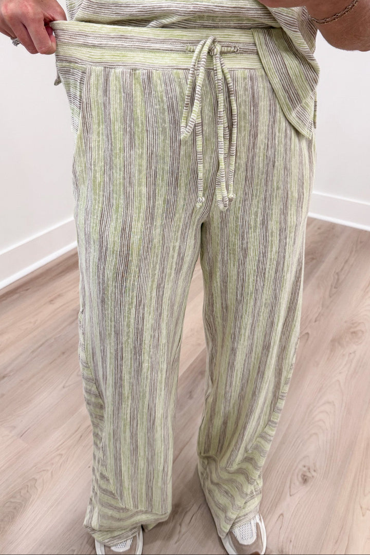 lime green and mocha striped top and elastic waistband pants matching knit loungewear set