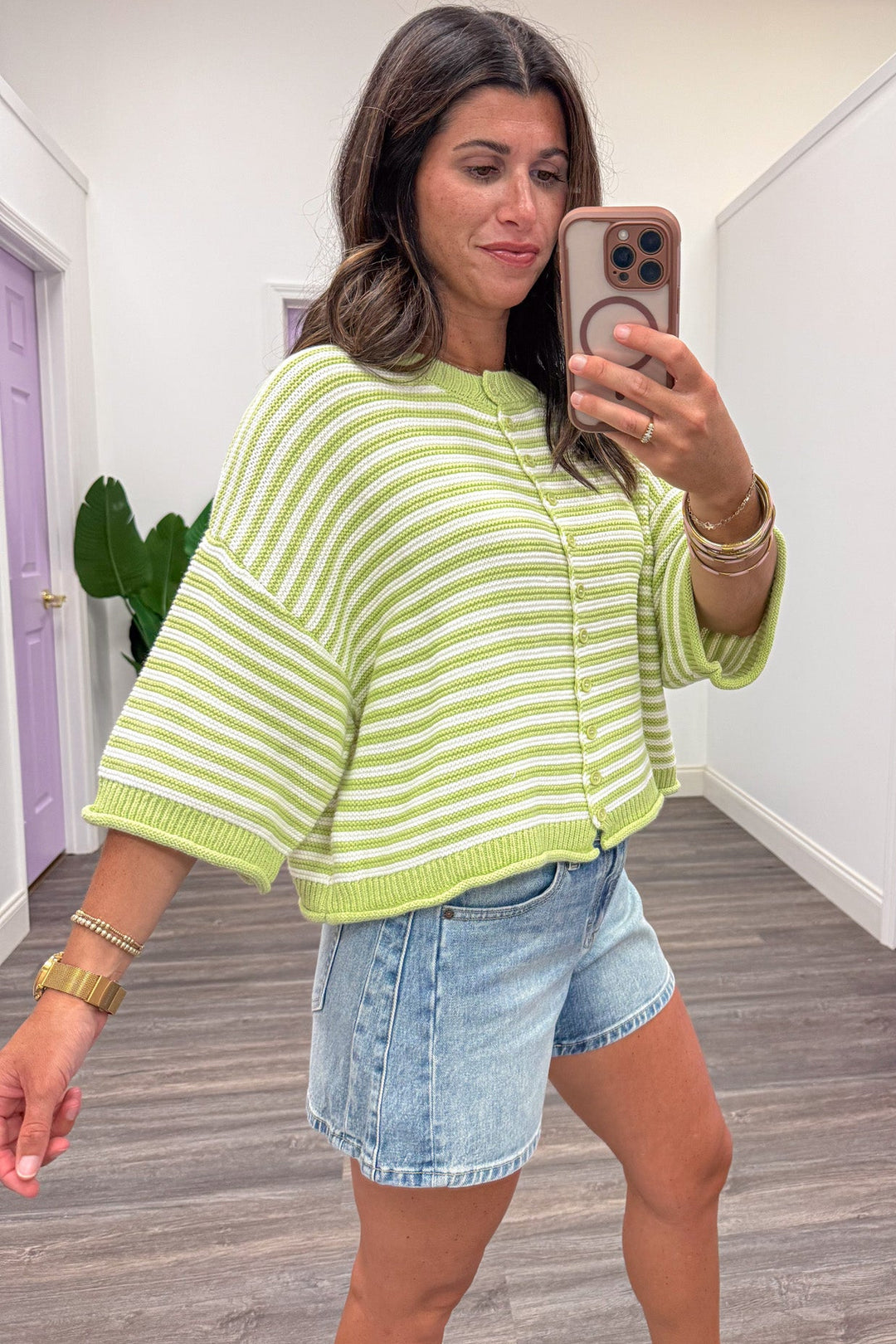 lime green and off white striped button front drop shoulder half sleeve semi-cropped cardigan top