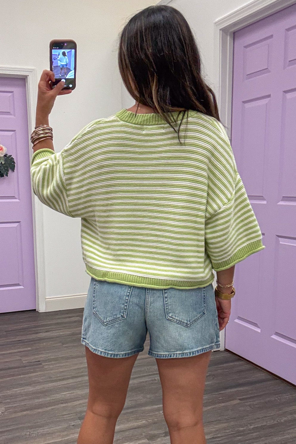 lime green and off white striped ribbed trim button front semi-cropped cardigan top