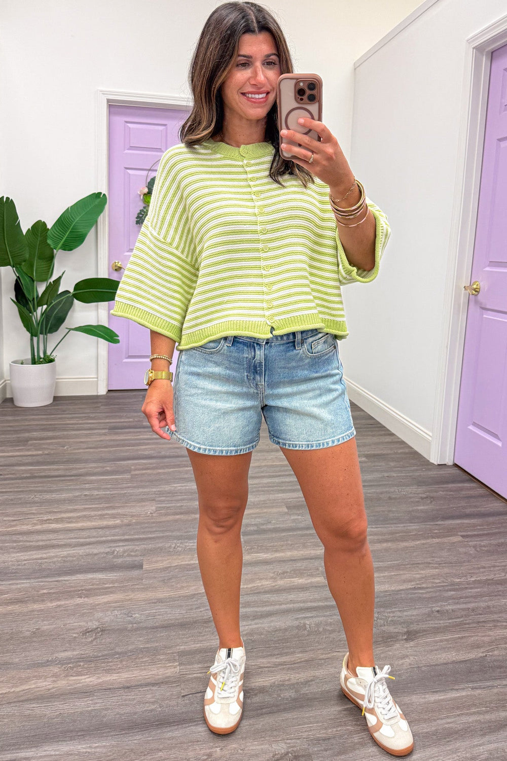 lime green and off white striped button front crew neckline semi-cropped cardigan top