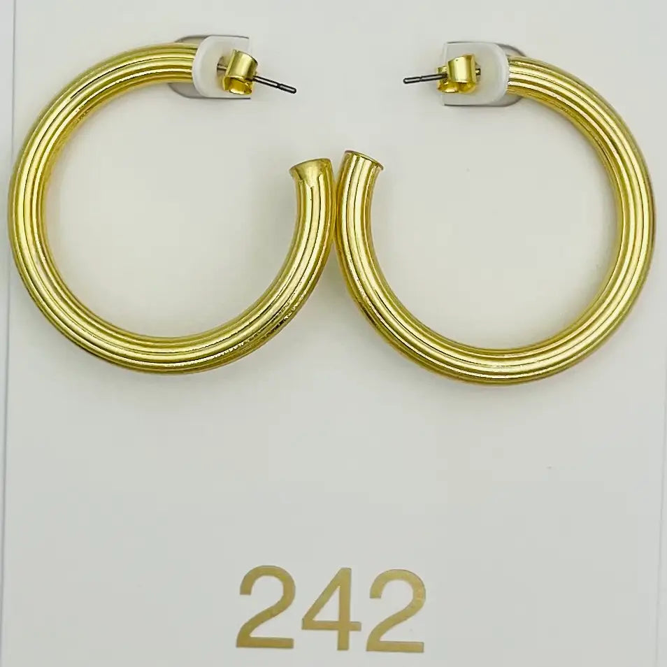 lined gold hoop brass earrings