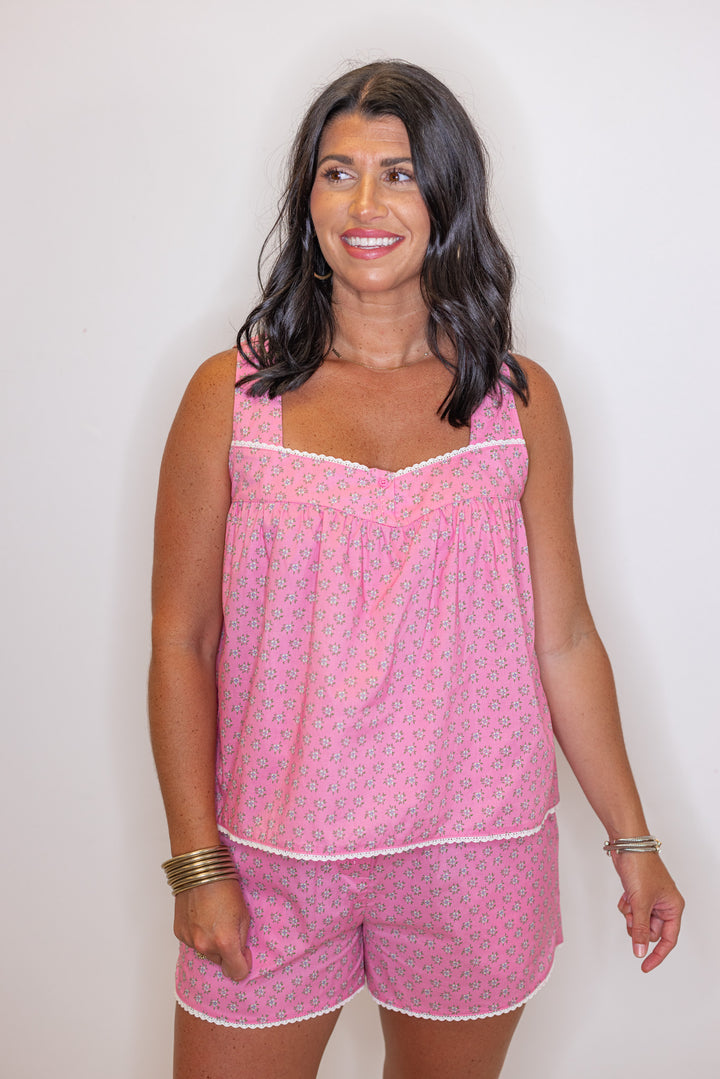 pink cotton micro floral print babydoll top