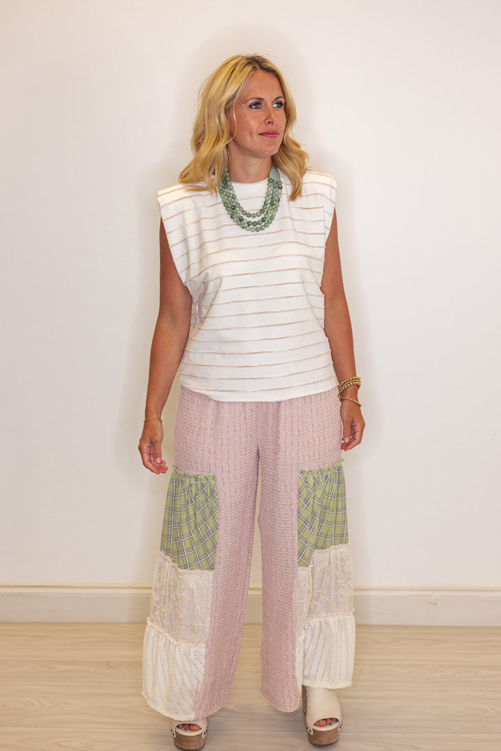 Cream sleeveless knit top with ombre taupe textured wave stripes by Strut and Bolt showing full front view