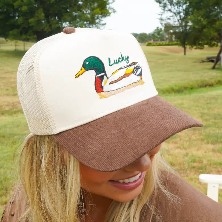 lucky duck mallard brown trucker hat
