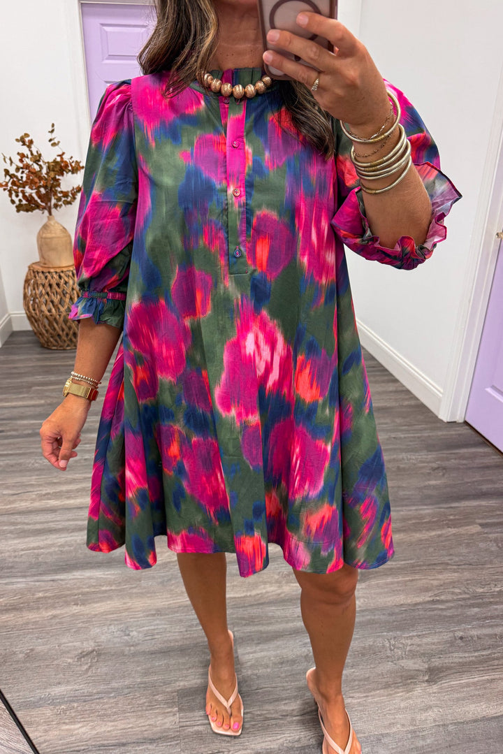 magenta olive and navy watercolor print half sleeve mock neck cotton short dress