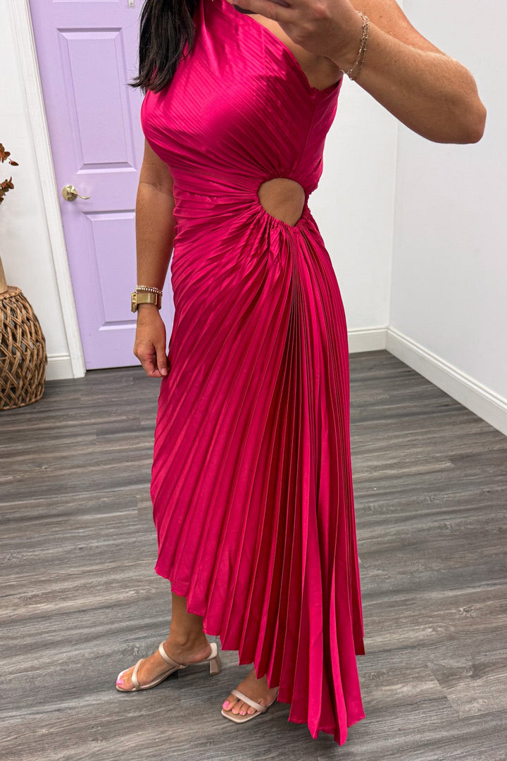 solid magenta pink one shoulder asymmetrical hem satin midi dress with keyhole cut-out