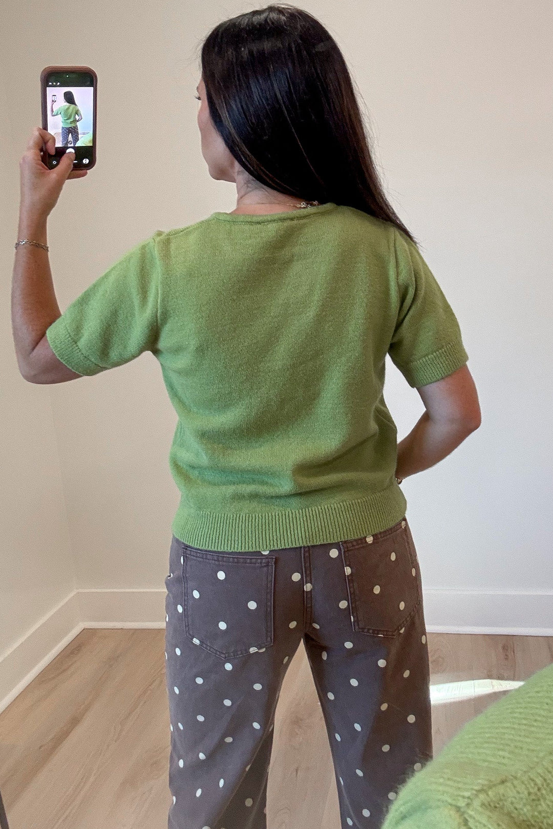 solid matcha green short sleeve crew neckline semi-cropped lightweight knit sweater top