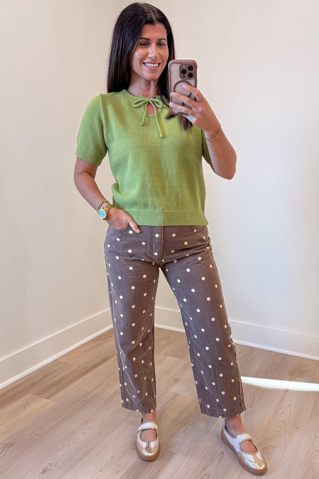 solid matcha green short sleeve crew neckline semi-cropped knit sweater top with ribbed trim